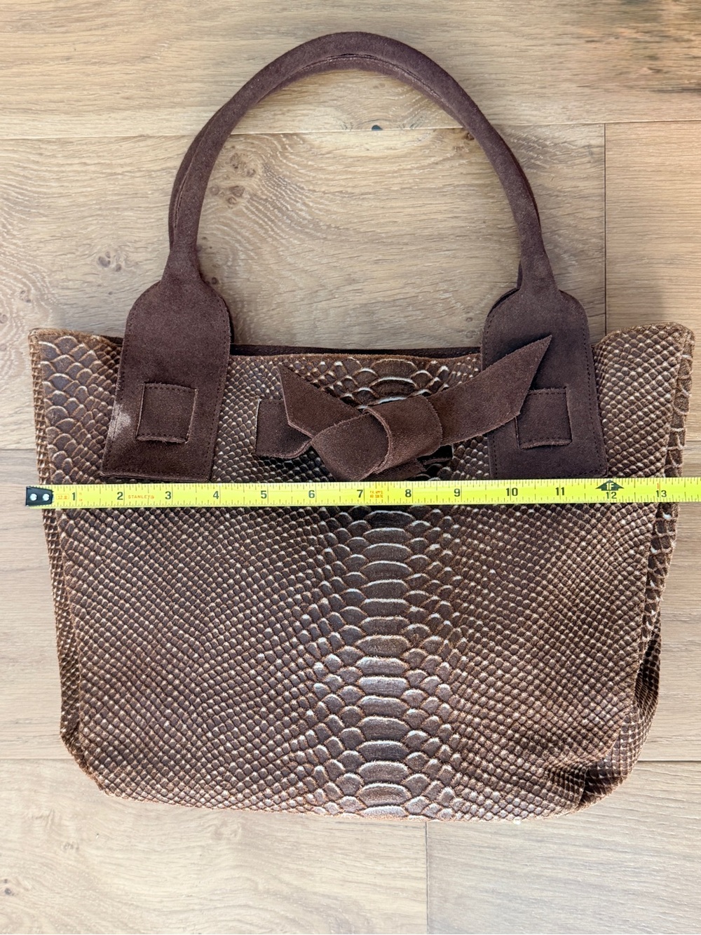 Longobardi Italian Brown Snake Embossed Leather Suede Bow Tote Bag Expandable - Picture 16 of 16